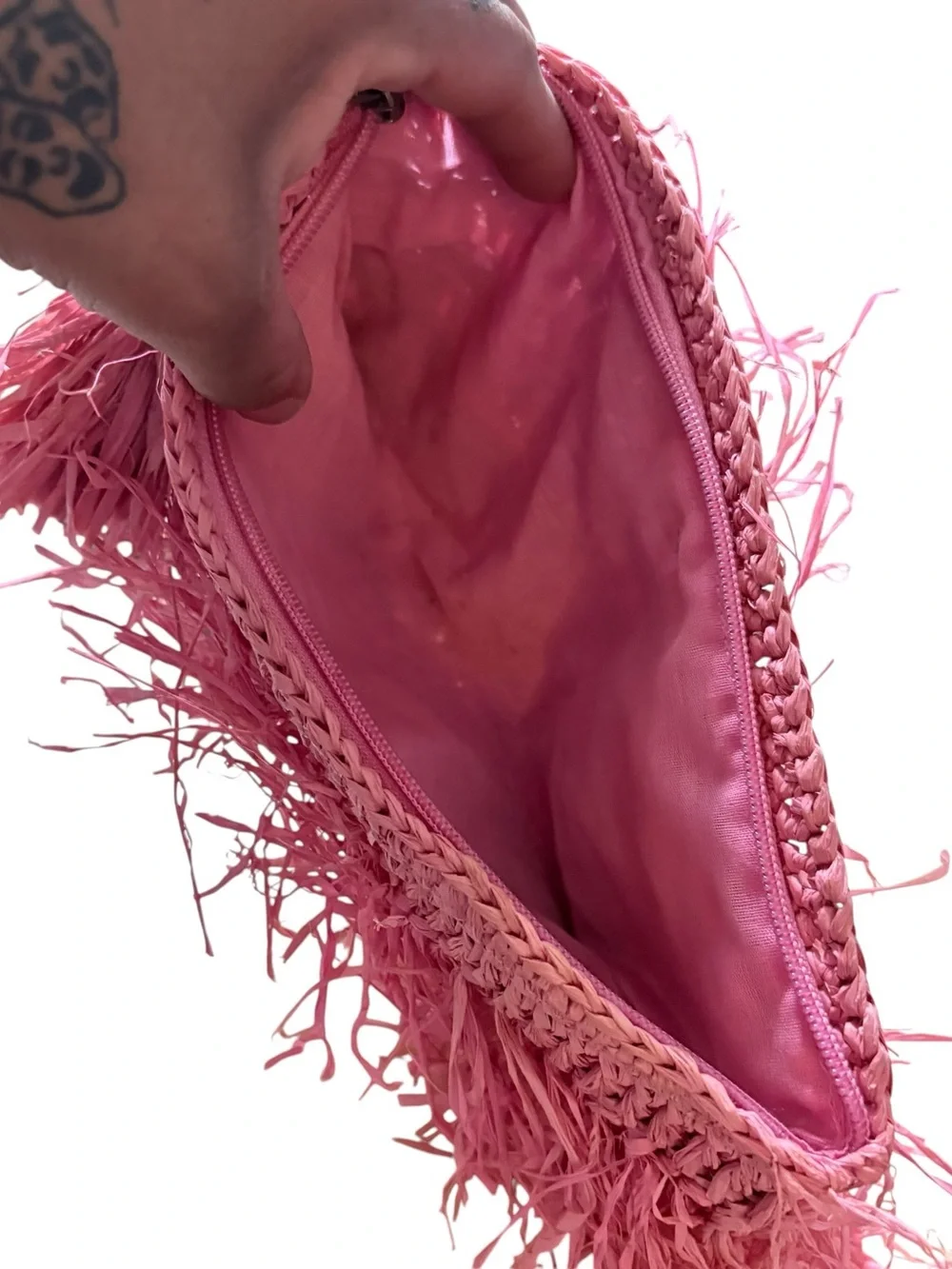 Pink Raffia Fringe Clutch with Tassel
